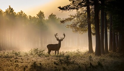 Fototapeta premium Enchanting Misty Dawn Majestic Deer Roaming a Serene Forest Bathed in Soft Light Filtering Through Dense Trees, Capturing the Peaceful Ambiance of Natures Early Morning Glory
