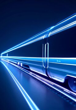 Modern high-speed train in futuristic neon blue light tunnel. Dynamic motion effect of express transport moving through glowing tunnel. Fast railway technology concept