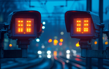 Dual illuminated railway signals at night, city lights blurred in background.