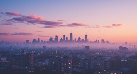 Fototapeta premium Stunning cityscape at dusk with vibrant colors and misty skyline