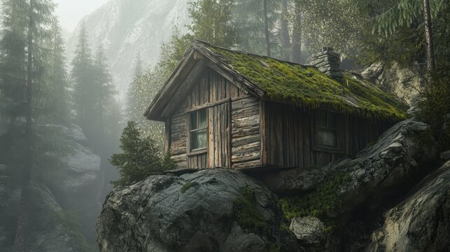 Moss-covered cabin perched on rocky cliff in a serene forest 