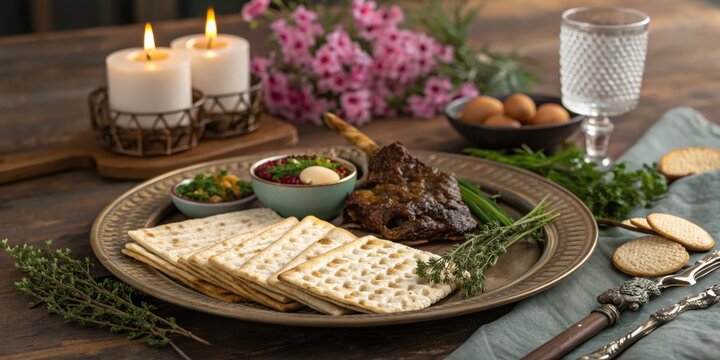 Traditional passover seder meal with matzo, lamb, and herbal garnishes on rustic table setting