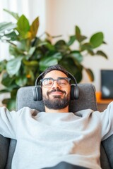 Fototapeta premium Young man enjoying music with wireless headphones in his living room, eyes closed and arms wide open