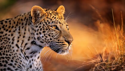 Vivid Majestic Leopard Portrait Amidst the African Savannah, Captured against a Blurred Backdrop of Golden Sunset