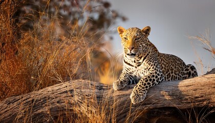 Majestic Leopard Stalking Prey in the Savannah of South Luangwa National Park, Zambia at Twilight, Capturing the Spirit of Wild Africas Majesty and Mystery.