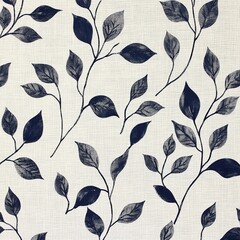 Elegant Dark Blue Leaves on Cream Fabric: A Detailed Look at the Exquisite Design and Texture