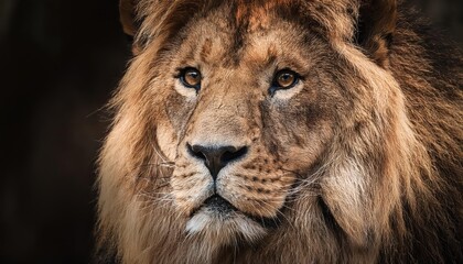 Obraz premium Majestic Lion in Closeup Wildlife Shot Powerful Stare Captures the Spirit of Africas King Against a Grassy Savannah Backdrop at Golden Hour