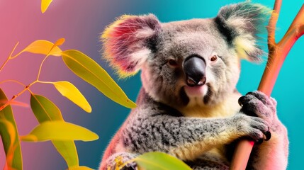 Obraz premium Rainbow Koala on Eucalyptus Branch: A vibrant and whimsical koala, its fur adorned with rainbow hues, clings to a eucalyptus branch against a backdrop of bold, colorful gradients.