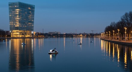 Evening cityscape with skyscraper and reflections on calm river