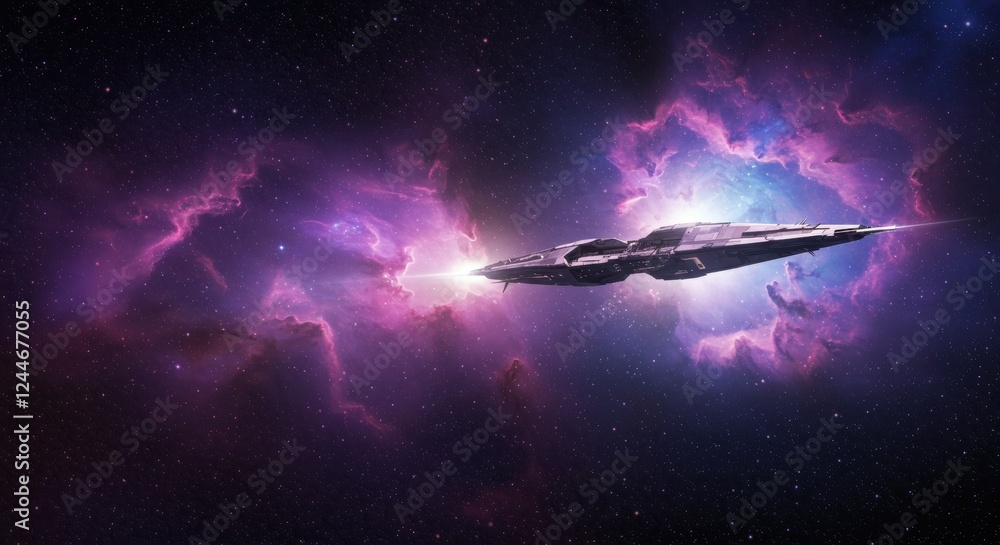 Poster futuristic spaceship traveling through colorful nebula in deep space