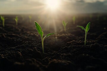 Young green seedlings emerging from rich soil in sunlit field