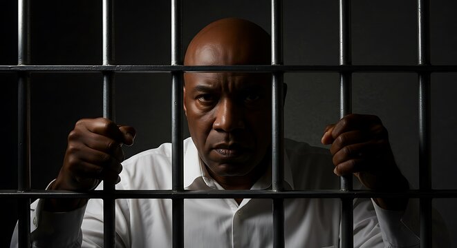 Bald Headed Man Behind Bars Looking With a Serious Expression, Representing Incarceration and the Loss of Freedom in Jail