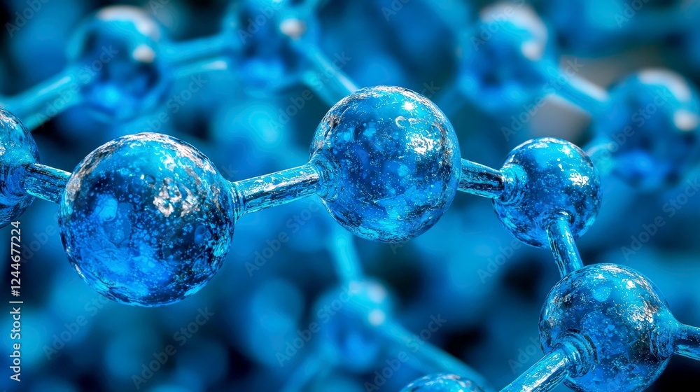 Poster microscopic abstract molecular structure: blue atom bonds in 3d rendering
