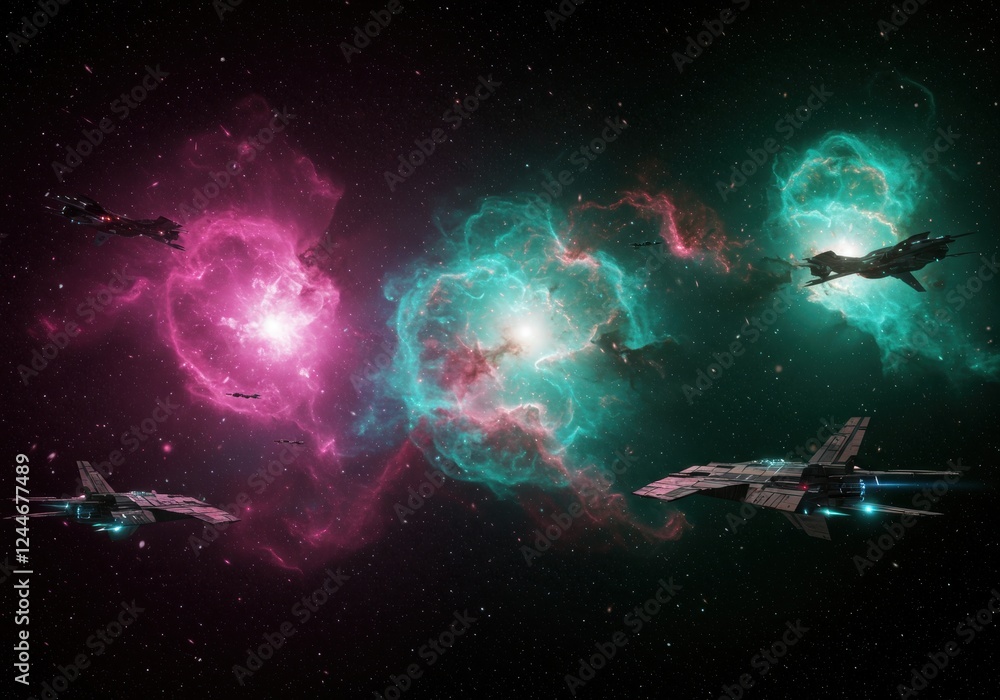 Poster futuristic spacecraft navigating through vibrant nebulae in deep space adventure