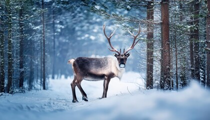 Majestic Reindeer Frolicking in Winter Forest Snowy Encounter Amidst Whispers of Magical Energy, Depicting the Serene Beauty of Arctic Landscape.