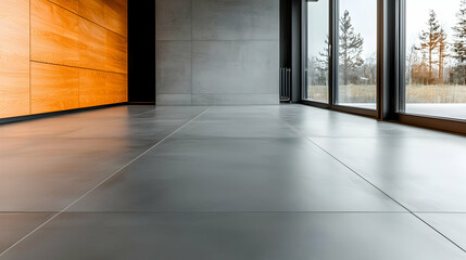 Obraz premium Modern home interior, grey floor, wood wall, winter view