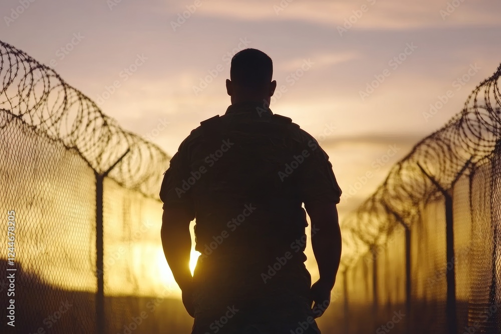 Poster man stands in front of a fence with a sunset in the background