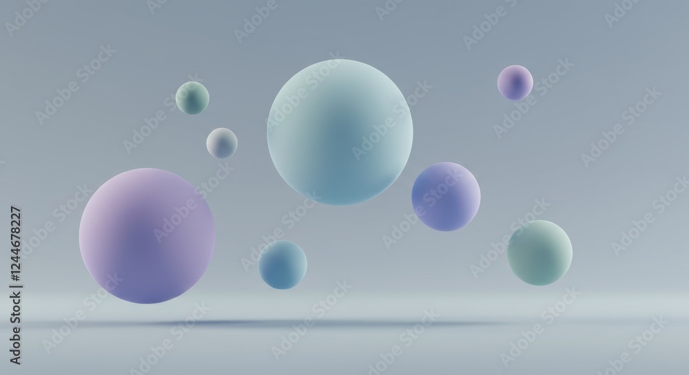 Poster pastel spheres floating in abstract minimalist space with soft lighting