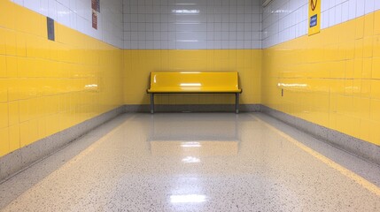 Yellow bench in subway station corridor
