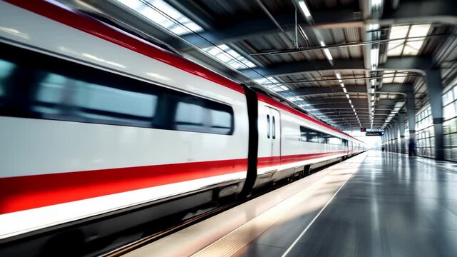 Modern high-speed train in motion at futuristic railway station platform. Dynamic red and white express locomotive with motion blur effect showing speed and progress