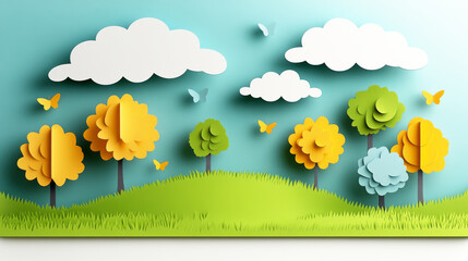 Paper Art Spring Landscape: Delightful paper craft trees in yellow, green and blue hues stand on a vibrant green hill, under a cheerful sky with fluffy white clouds and playful butterflies.