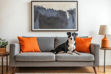 Dog Relaxing on Gray Sofa with Orange Pillows, Abstract Art Above, Modern Home Decor