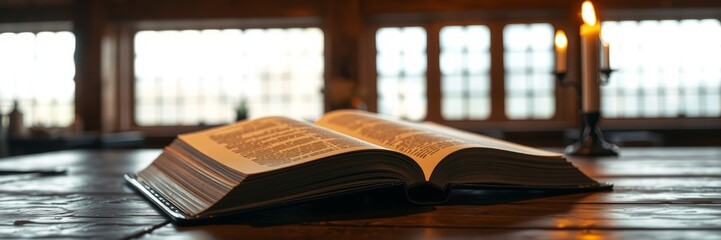 Open book with a warm mood representing knowledge against a rustic wooden background