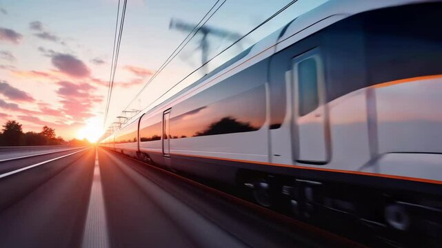 Modern high-speed train rushing through sunset landscape. Fast intercity transport on railway track with dramatic orange sky. Motion blur effect showing speed and power