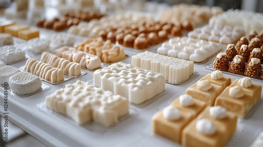 Poster assorted handmade soaps arranged neatly on a table, showcasing various textures and colors, with sof