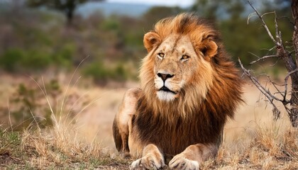 Fototapeta premium Majestic Male Lion in Kruger Park A Captivating Moment of Raw Power and Regality at Dusk