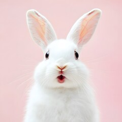 Obraz premium Portrait of a white cute rabbit with surprised expression on a pink background,surprised looking rabbit