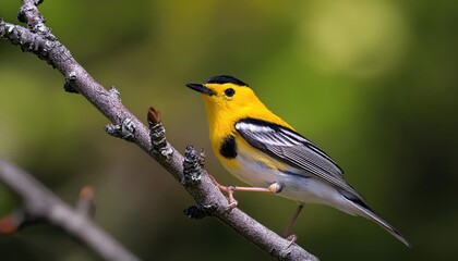 Obraz premium Vivid Plumage of a Male Magnolia Warbler, Perched in Quintessential Forest Glory, Showcasing Natural Detail and Striking Contrasts