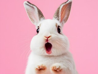 Obraz premium Portrait of a white cute rabbit with surprised expression on a pink background,surprised looking rabbit