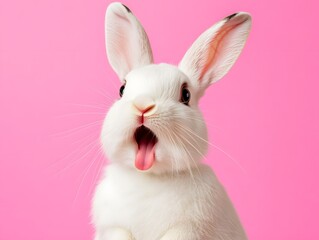 Obraz premium Portrait of a white cute rabbit with surprised expression on a pink background,surprised looking rabbit