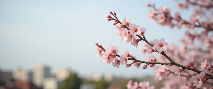 Blossoming cherry tree branches with delicate pink flowers conveying a serene and fresh mood against a blurred city background
