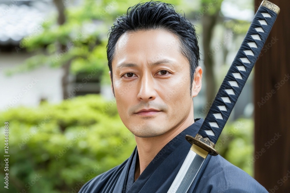 Poster man with a sword is standing in front of a green bush