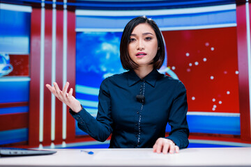 News anchor creating reportage on live broadcast program, discussing latest breaking news for...