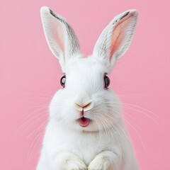 Obraz premium Portrait of a white cute rabbit with surprised expression on a pink background,surprised looking rabbit