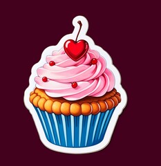 Festive pink cupcake with icing and heart shaped cherry for valentine's day, sweet gift for your loved one