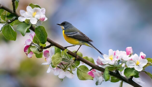 Vivid Male Northern Parula Warbler on Blooming Apple Branch Amidst Spring Blossoms, Natures Symphony in Motion