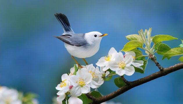 Vibrant Male Northern Parula Warbler Perched on Apple Blossom Branch at Sunset, Showcasing Stunning Autumnal Colors and Wildlife in a Peaceful Natural Setting