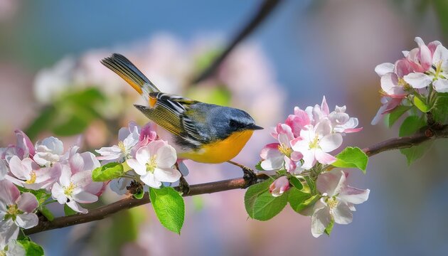 Vivid Northern Parula Warbler Perched upon Blossoming Apple Branch Amidst the Lush Green Forest, Capturing the Essence of Springtime in Vibrant Detail.