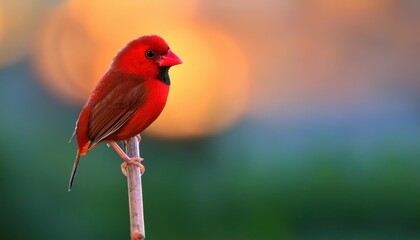 Vibrant Red Avadavat Perched on Stick during Tranquil Thai Morning, Showcasing the Stunning Beauty of these Little Birds in Residential Thailand