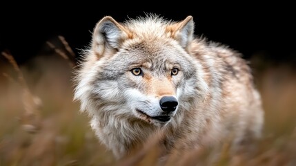 Obraz premium Majestic wolf in autumnal grassland, wildlife portrait