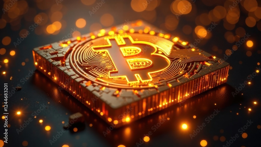 Poster a glowing bitcoin symbol stands out against a dark backdrop, surrounded by a mesmerizing array of go