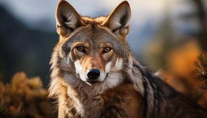 Fototapeta premium Majestic Gray Coyote Gaze Serene Wilderness Moment, with the Backdrop of a SnowCovered Forest and a Starlit Sky, Showcasing the Beauty and Mystery of North American Wildlife.