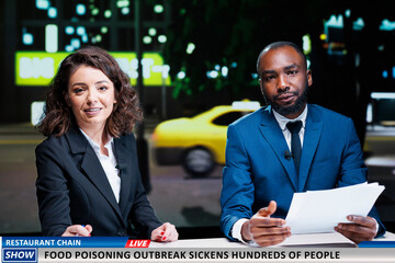 Breaking news consumers protection about people getting food poisoning from restaurant, diverse newscasters presenting latest events. Team of reporters warning the public about bad meals.