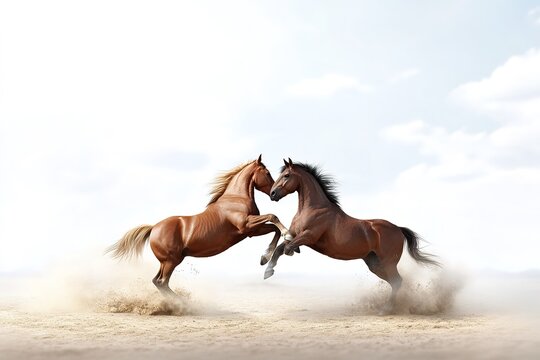 Two magnificent horses playfully spar in the desert sand