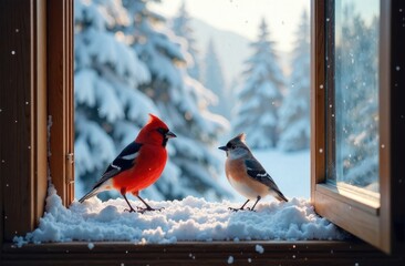 Two colorful birds perch on a snowy window ledge, framed by a picturesque winter landscape. Evergreen trees dusted with snow create a serene backdrop in this tranquil moment of nature.