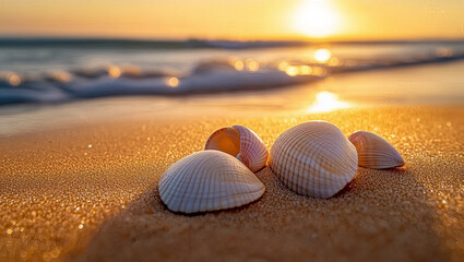 Close-up of Seashells on a Beautiful, Empty , Sandy Beach. Ocean Waves Breaking on Coastal Coastline under Clear Blue Sky. Travel/ Nature Background with Copy Space